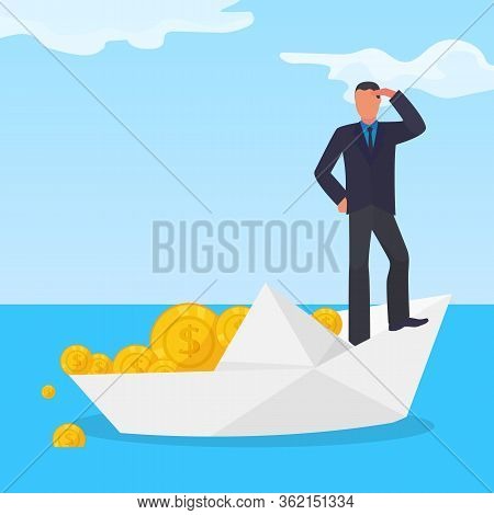 Drowning Corrupt Character Male On White Paper Boat, Stolen Gold Dollar Coin Flat Vector Illustratio