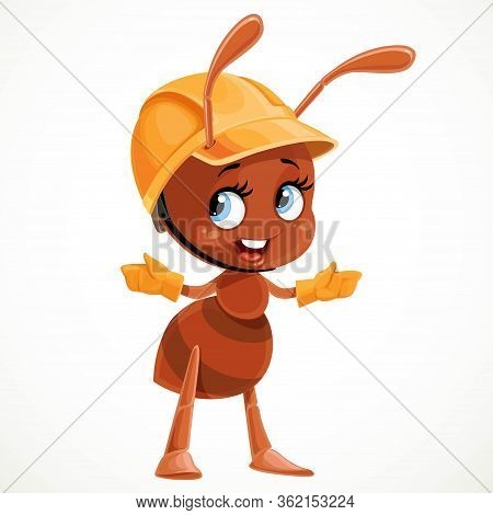 Cute Cartoon Ant In A Construction Helmet Shows To The Side And Tells Something Isolated On White Ba