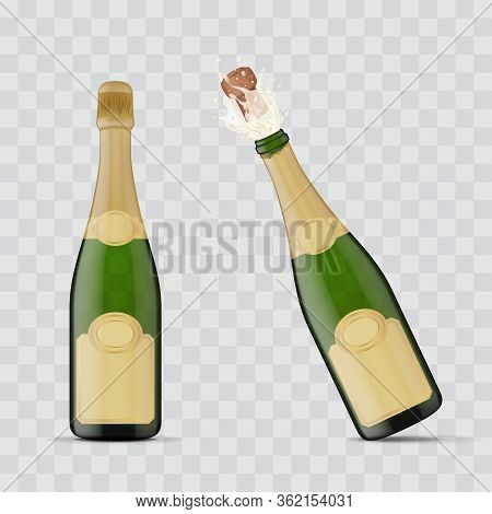 Realistic 3d Detailed Champagne Green Bottle Explosion Set On A Transparent Background Symbol Of Cel