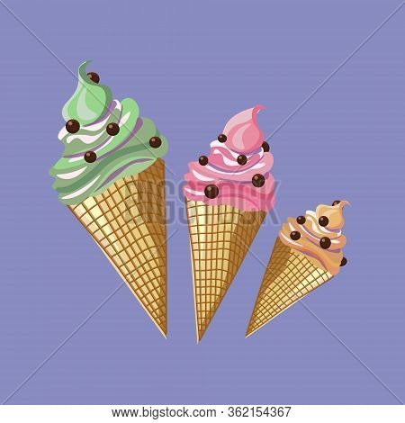 Ice Cream Trio Of Different Flavors With Chocolate Crisps. Vector Illustration.