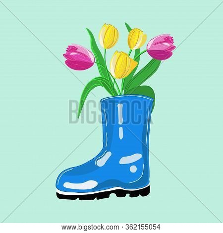 Spring Composition Made Of Blue Rubber Boot And Bunch Of Tulips. Vector Illustration.