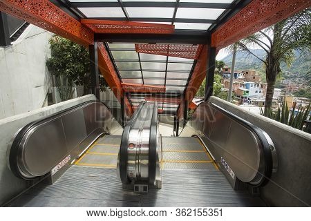 Medellín, Antioquia / Colombia - July 8, 2019. Escalators Of The Commune Stair 13. Tourist Zone.