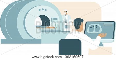 Doctors Radiologists Making Computer Tomography Test For Patient With Coronavirus Covid-19  Analyzin
