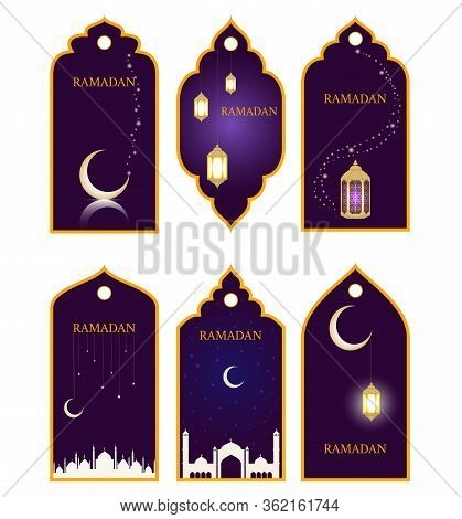 Ramadan Tag Collection Set. Vector Illustration Badges With Glowing Lanterns, Mosque, Shiny Crescent