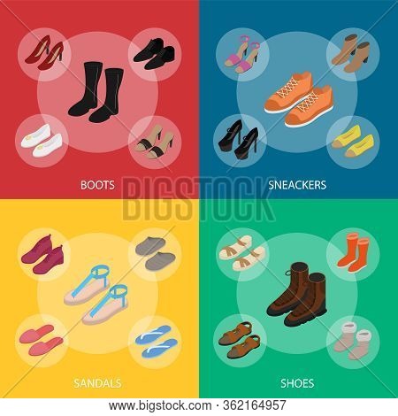 Shoes Concept 3d Banner Set Isometric View Include Of Sneaker, Sandal, Slipper, Loafer, Ballet And M