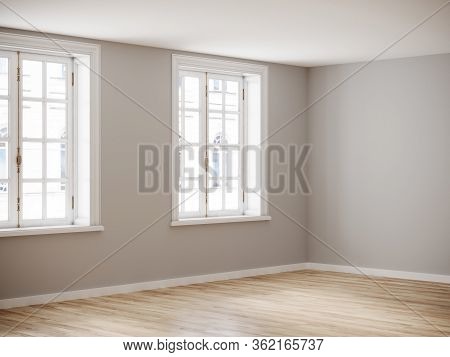 Empty Room For Mockup. Empty Roon With Light Wall And Wooden Floor.3D Rendering.