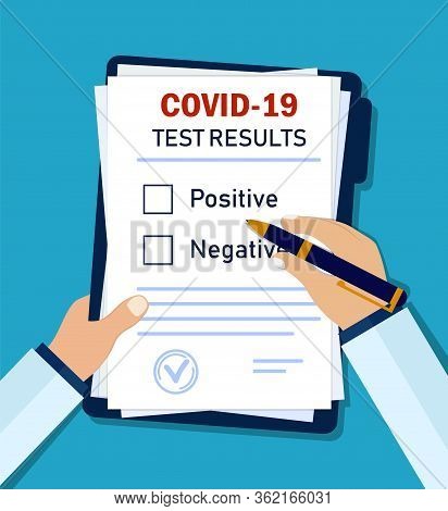 Doctor Writes Diagnosis Coronavirus On Clinic Form. Hand Writes Results Of Test Corona For Patient F