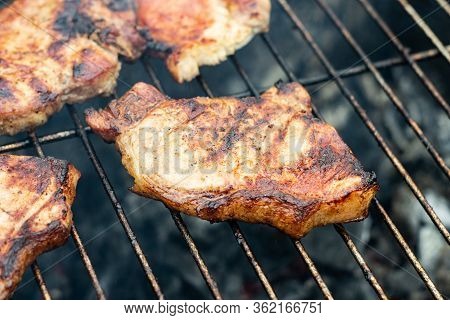 Steak Ribi Black Angus Grilled Stripes Smoke Steam Charcoal Frying. Big Raw Piece Of Meat From Beef 
