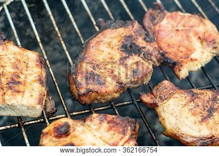 Steak Ribi Black Angus Grilled Stripes Smoke Steam Charcoal Frying. Big Raw Piece Of Meat From Beef 