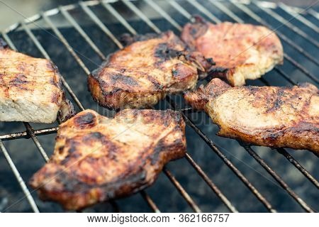 Steak Ribi Black Angus Grilled Stripes Smoke Steam Charcoal Frying. Big Raw Piece Of Meat From Beef 
