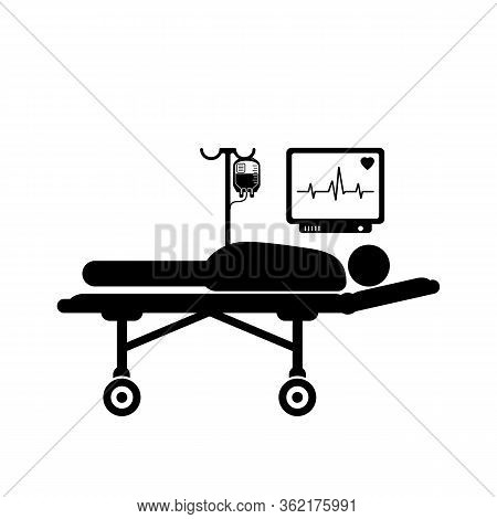 A Man Lies In A Hospital Bed With A Connected Dropper And Heart Monitor. Vector Illustration Of Medi