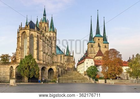 Erfurt Cathedral And Severikirche Church, Germany. Both Churches Tower Above The Town Scape And Are 