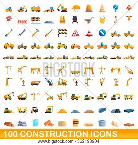100 Construction Icons Set. Cartoon Illustration Of 100 Construction Icons Vector Set Isolated On Wh