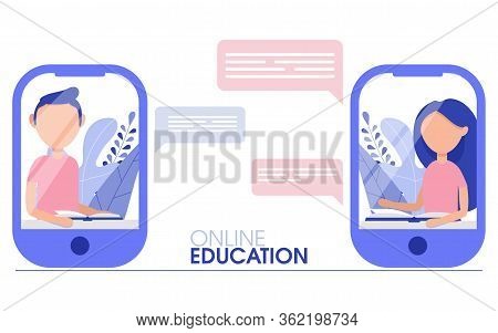 Online Education People In Home, Stay Home And Study Via Internet. School Webinar, Video Stram. Comp