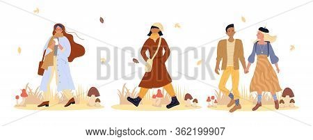 People Walking In Autumn Forest Full Of Mushroom. Young Woman, Teenager Girl Holding Smartphone, Lov