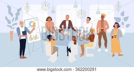 Bearded Man Standing Near Flipchart, Making Presentation Before Colleagues, Investors Sitting At Rou