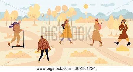 People Walk Along In Autumn Park. Man Woman Wearing Warm Clothes, Hat, Scarf Holding Umbrella, Ridin