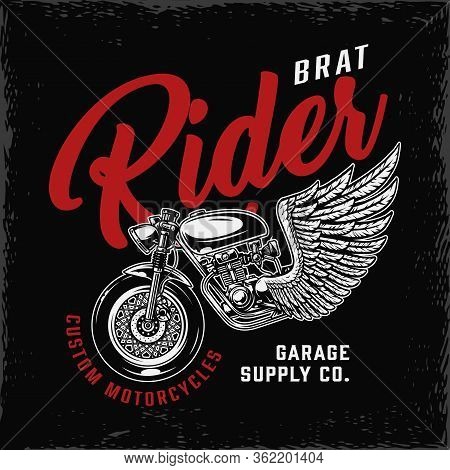 Vintage Brat Style Motorcycle Emblem With Winged Motorbike And Letterings Isolated Vector Illustrati