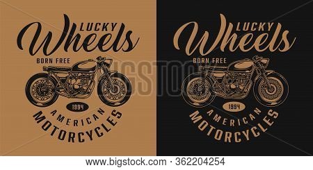Vintage Monochrome Custom Motorcycle Emblem With Brat Style Motorbike On Light And Dark Backgrounds 