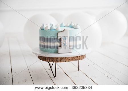 Birthday Cake With Number One. Birthday Party Celebration Concept. Horizontal, White Background With
