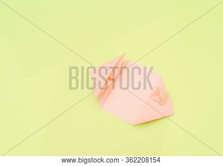 Origami Pink Heart On A Green Background, Step By Step Instructions. As Great Idea For A Hand Made D