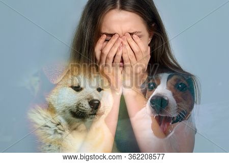 Cynophobia Concept. Double Exposure Of Scared Young Woman And Dogs