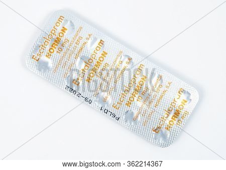 Tbilisi, Georgia- April 18, 2020: Escitalopram Antidepressant Medicine Pills Closeup