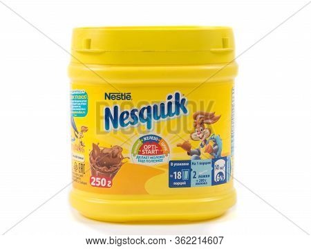 Tbilisi, Georgia- April 18, 2020: Nesquick Nestle Cocoa Powder Drink On White