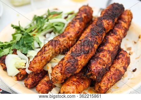 Bbq Beef Kebabs On A Hot Grill Closeup. Arabian And Iranian Kabab.