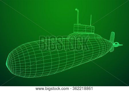 Military Atomic Submarine Underwater Boat. Wireframe Low Poly Mesh Vector Illustration