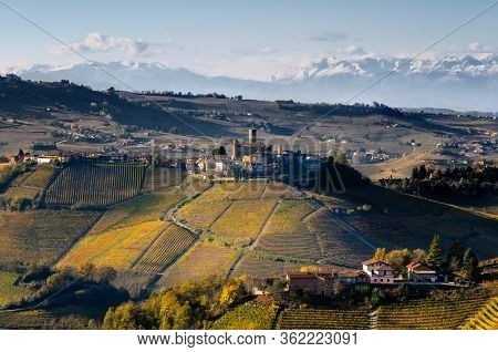Vineyards Of Langhe (piedmont, Italy): View Of Castiglione Falletto, Medieval Village, With Mountain