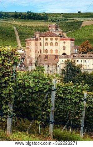 Panorama Of Barolo (piedmont, Italy) With The Town, The Medieval Castle And The Vineyards. Barolo Is