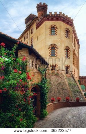 Streets Of Barolo (piedmont, Italy) With The Town And The Medieval Castle. Barolo Is The Main Villag