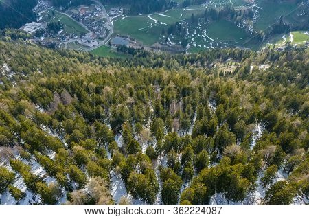 Aerial View Of Huge Valley Of The Mountains Of Italy, Trentino, Green Meadows, Slopes With Green Spr