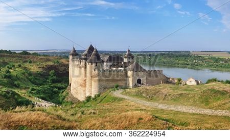 Beautiful view of The Khotyn Fortress. The most remarkable medieval landmark of  central Ukraine. Travelling across Ukraine.