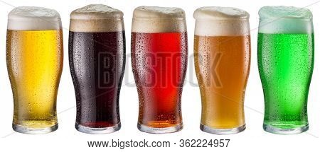 Collection of five types of different beer in glasses isolated on a white background. Each beer glass contains a clipping path.