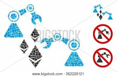 Mosaic Ethereum Mine Robotics Icon Composed Of Square Items In Different Sizes And Color Hues. Vecto