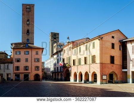 Piazza Risorgimento, Main Square Of Alba (piedmont, Italy) With Town Hall And Medieval Towers