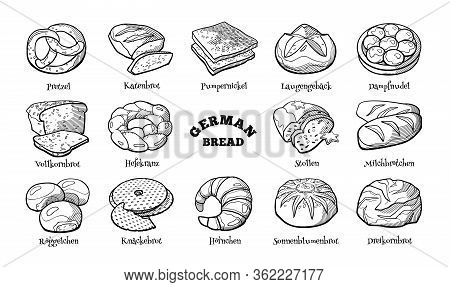 Doodle Set Of German Types Of Bread. Hand Drawn Sketch Of Traditional Bakery Products. Vector Illust