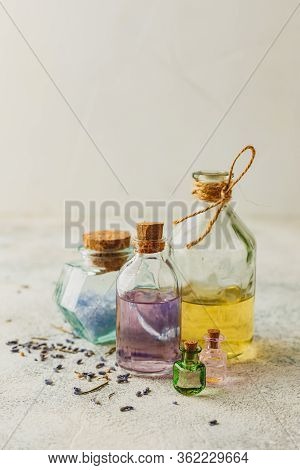 Aromatic Oils In Glass Bottles And Dry Lavender. Concept Natural Ogranic Skincare Cosmetic.