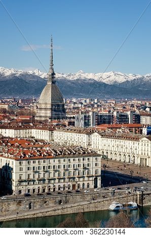 Winter Panorama Of Turin (piedmont, Italy), With The Mole Antonelliana, Vittorio Veneto Square And S