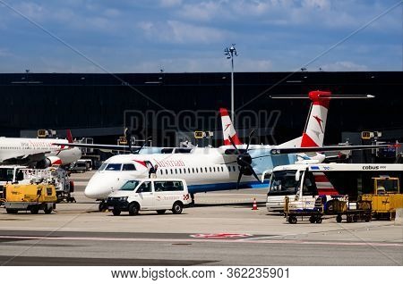 Vienna, Austria - May 17, 2017: Austrian Airlines Little Airplane In Wien Flughafen Airport (austria