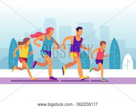 Running Family. Parents And Children Jogging In Park, Happy Family Doing Training, Active Healthy Li