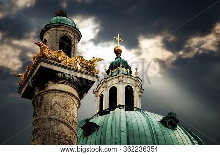 Detail Of The Columns And Of The Dome Of The Karlskirche (saint Charles Church) In Vienna, Austria, 