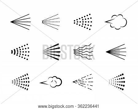 Spray Icons. Scatter Gas Black Silhouette, Nozzle Deodorant Cloud. Clean Water Symbol Drop, Hairspra