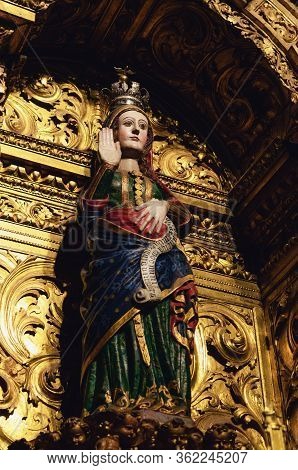 Evora, Portugal - February 2, 2019: The Lady Of Mothers, Rare Example Of Medieval Sculpture Of A Pre