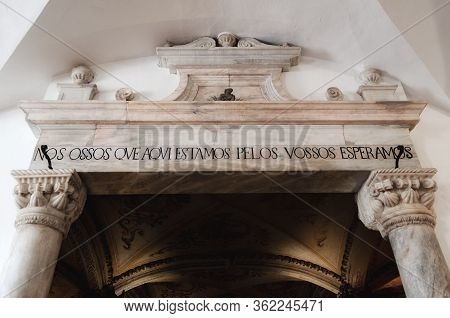 Evora, Portugal - February 1, 2019: Entrance Portal To The Chapel Of Bones In Evora, Portugal, On Fe