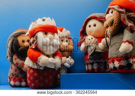 Cute Hand Crafted Nativity Scene Made Of Wool And Felt, With Round Shaped Figures Of Jesus, The Virg