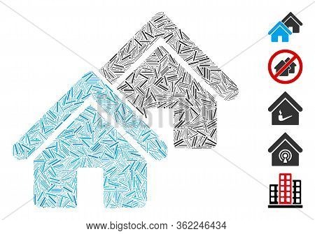 Linear Collage Realty Icon Constructed From Thin Elements In Different Sizes And Color Hues. Vector 