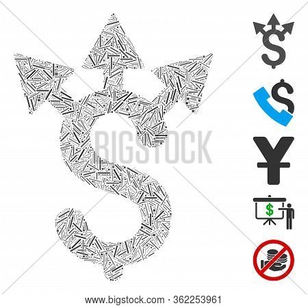 Linear Mosaic Dollar Expences Icon United From Narrow Items In Variable Sizes And Color Hues. Vector